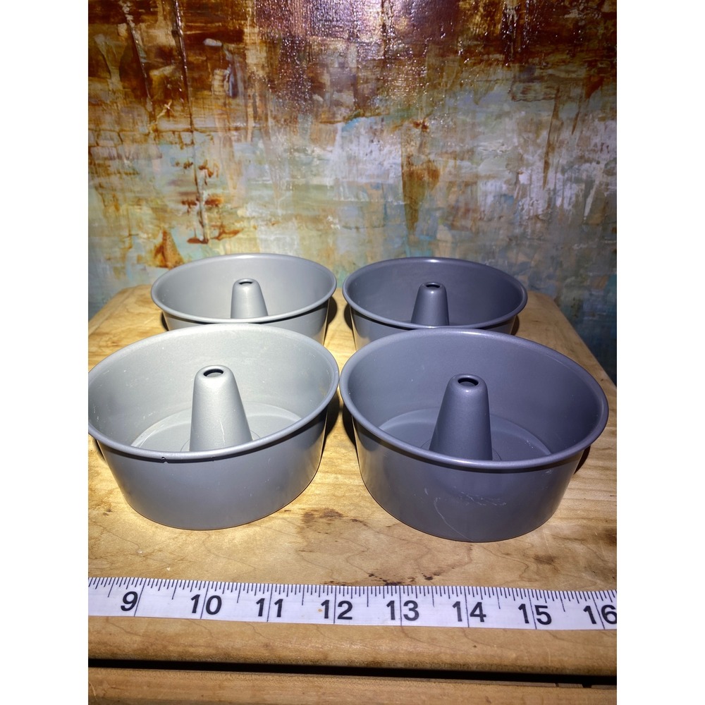 Set of 4 Mini Angel Food Cake Pans 4 Inch Removable Bottom Non-Stick Gray Metal